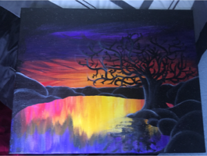 A painting of a tree against a sunset on a lake