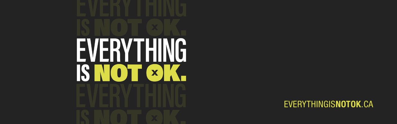 Everything is not ok. White and yellow text on a stark black background.