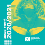 CMHA Ottawa annual report cover photo: Sam, a bundled-up worker wears a mask and holds two meals to deliver to his clients for the holidays, his glasses fogged up