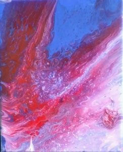 Une peinture abstraite rose et bleue qui ressemble à une pierre précieuse.