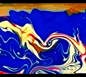 Blues and yellows swirl gracefully in this abstract painting