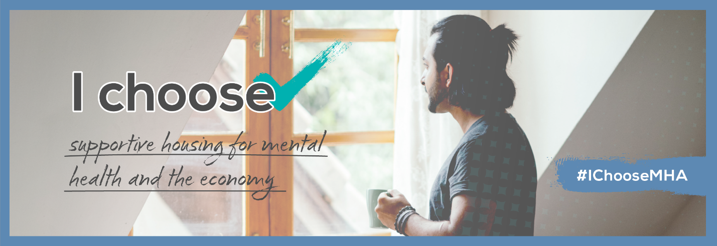 A man with a ponytail looks out a window holding a cup of coffee, the text reads 'I choose housing for mental health and the economy