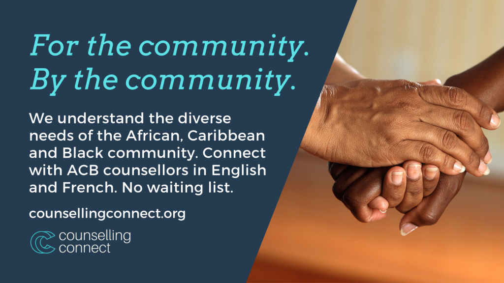 Counselling Connect -- a younger Black person's hand is held by an older hand