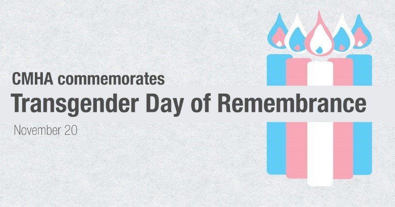 CMHA commemerates Transgender Day of Remembrance; a white candle, a baby blue candle and a pink candle. The colours of the trans flag.