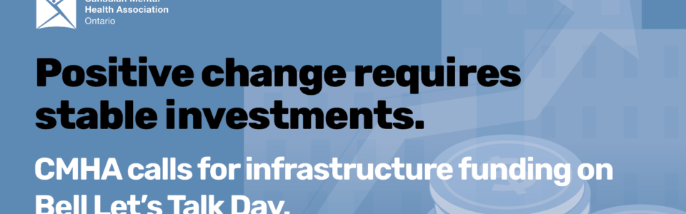 Text reads, "Positive change requires stable investments. CMHA calls for infrastructure funding on Bell Let's Talk Day." Illustration of coins and an arrow pointing upward against a blue background.