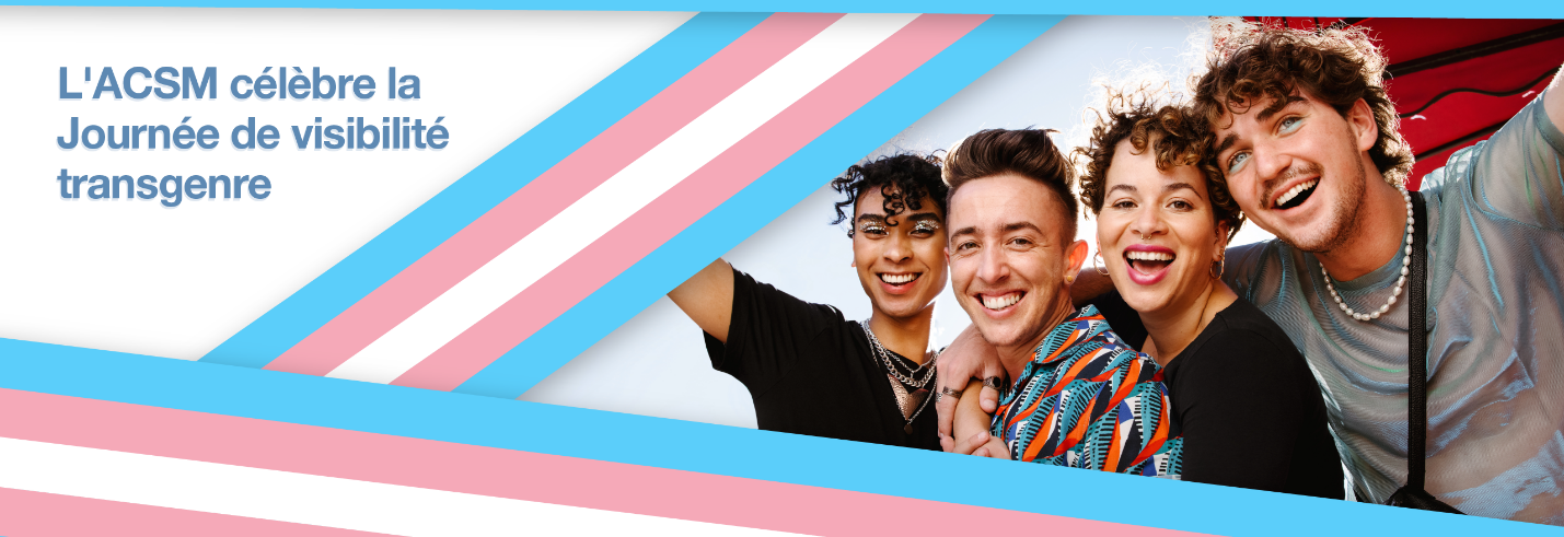 L'ACSM célèbre la journée de la visibilité des transgenres - des lignes roses et bleu ciel sillonnent un groupe de jeunes gens joyeux.