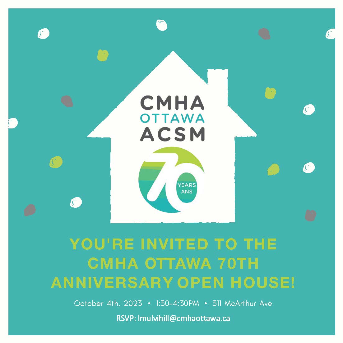 A graphic of a small, white house against a teal background with falling confetti. Text reads CMHA Ottawa ACSM 70.