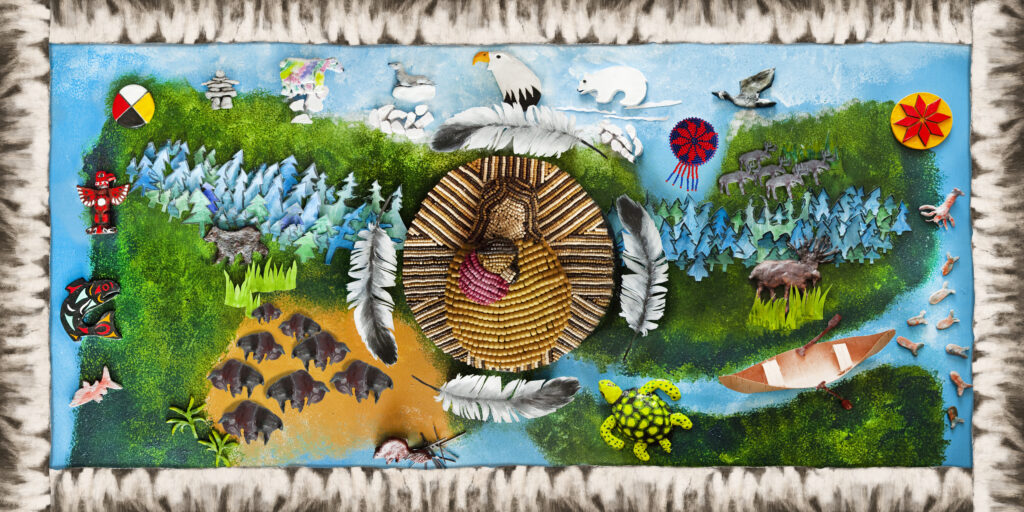 An aerial view of a mixed media mural, featuring clay sculptures. A depiction of Mother Earth stands proudly in the centre as she watches over all creations, comforts her descendants, and honours her ancestors. The eagle feathers surround her to remind her of the deep belief of respect, honour, strength, courage, and wisdom. There are canoes, trees, water, bears, rock sculptures, a turtle, a moose, a loon and much more.