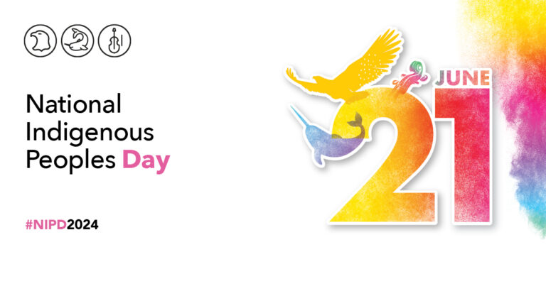 Three illustrations: an eagle representing First Nations, a narwhal representing Inuit, and a violin representing Métis. These illustrations are placed around the date "June 21" and surrounded by multicoloured smoke that represents Indigenous traditions, spirituality, inclusion and diversity. English text: National Indigenous Peoples Day June 21 #NIPD2024