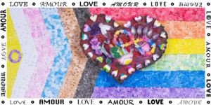 A colourful mixed media mural depicts a heart in front of the inclusive pride flag. Une peinture murale mixte colorée représente un cœur devant le drapeau de la fierté inclusive.