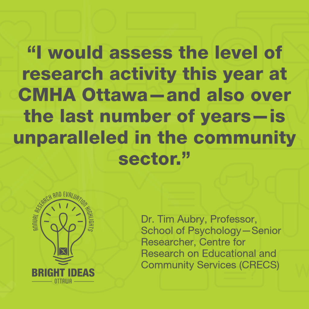 Against a lime green background, grey text reads: “I would assess the level of research activity this year at CMHA Ottawa—and also over the last number of years—is unparalleled in the community sector.”
—Dr. Tim Aubry, Professor, School of Psychology—Senior Researcher, Centre for Research on Educational and Community Services (CRECS)